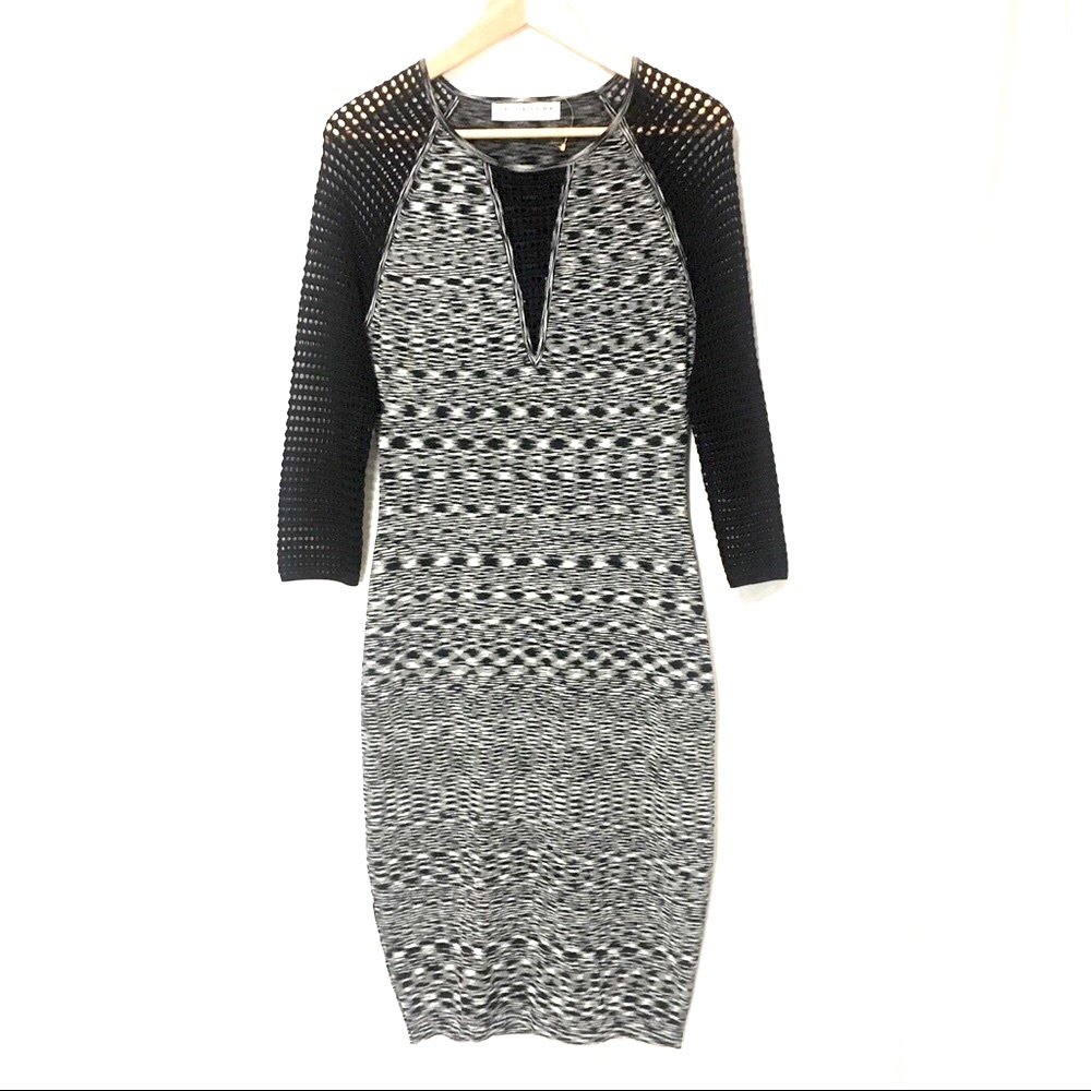 Trina Turk Back & White Geo Design Flattering Midi With Mesh V-Neck & Sleeves